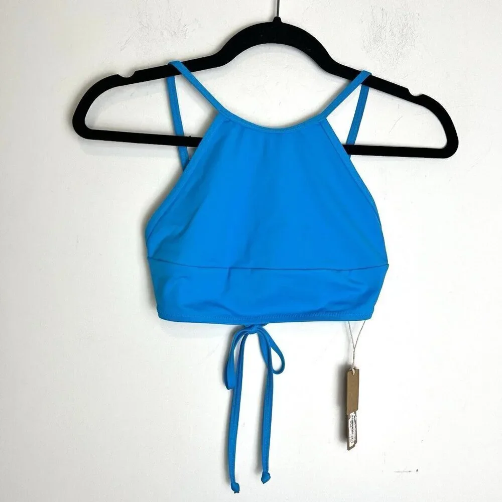 SKIMS Women's Turquoise Blue Swim High Neck Tie Back Bikini Top Size Small NWT